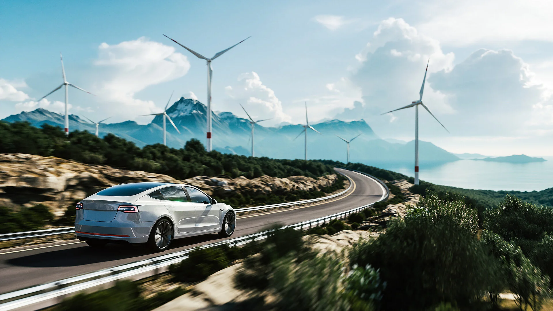 Electric car drive on the wind turbines background